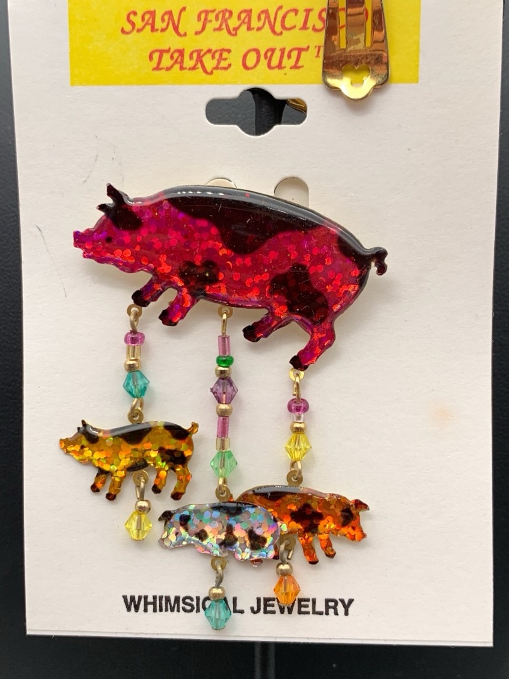 Vintage NOS Whimsical Red Glitter Pig Brooch with Multicolor piglet Dangles